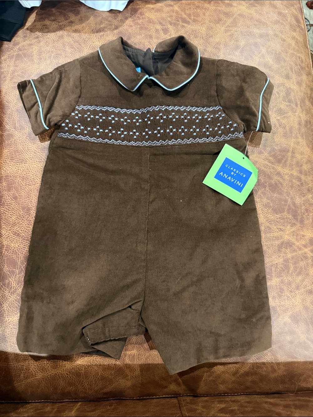 vintage Classic Brown Corduroy Baby Romper with Light Blue Trim -